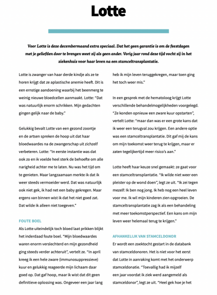 Eerste pagina van het verhaal van Lotte, die tijdens haar zwangerschap aplastische anemie kreeg en een stamceltransplantatie nodig had.